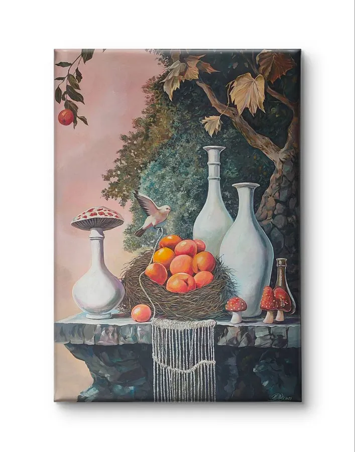 Image of Mystical Offering by Maksym Stasiuk, size: 70 cm x 100 cm, made of Acrylic, Canvas, Painting medium, from Lviv, part of the Fantasy Still Life series, priced at $2100