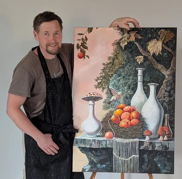 Image of Mystical Offering by Maksym Stasiuk, size: 70 cm x 100 cm, made of Acrylic, Canvas, Painting medium, from Lviv, part of the Fantasy Still Life series, priced at $2100 Photo 2 of 6.
