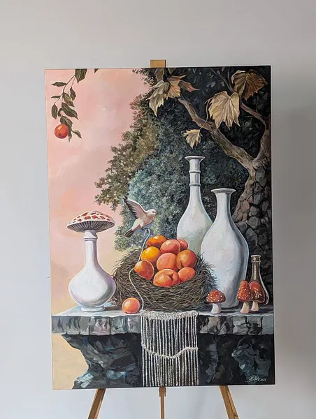 Image of Mystical Offering by Maksym Stasiuk, size: 70 cm x 100 cm, made of Acrylic, Canvas, Painting medium, from Lviv, part of the Fantasy Still Life series, priced at $2100 Photo 3 of 6.