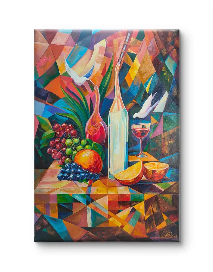 Image of The Geometry of Grace by Maksym Stasiuk, size: 70 cm x 100 cm, made of Acrylic, Canvas, Painting medium, from Lviv, part of the Fantasy Still Life series, priced at $1680