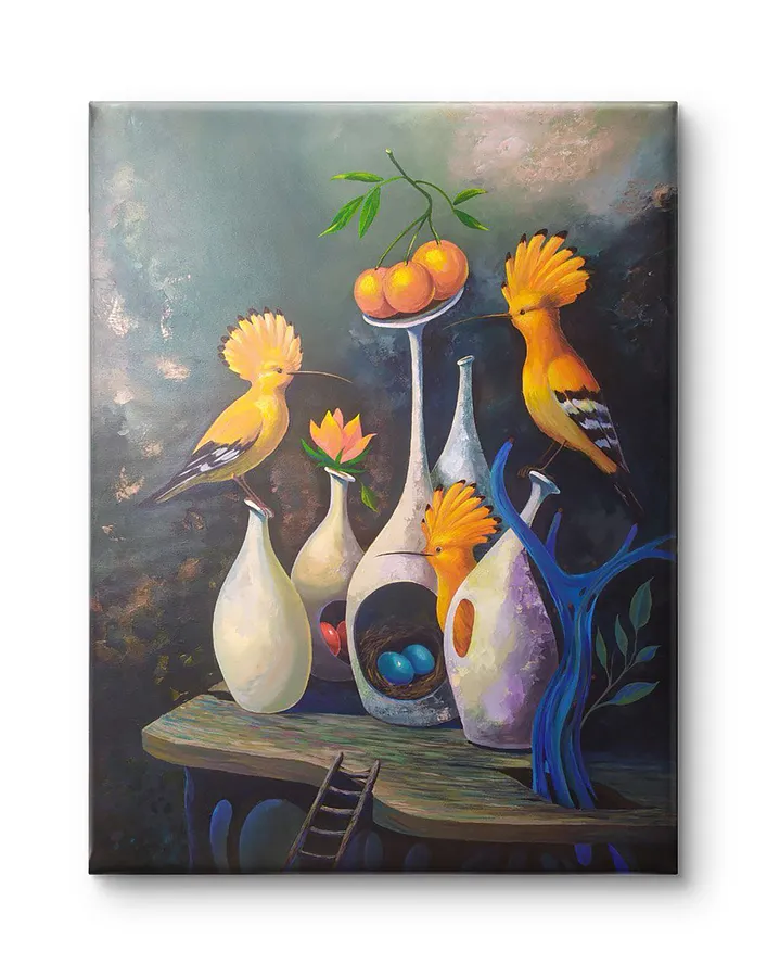 Image of The Blooming Nest by Maksym Stasiuk, size: 60 cm x 80 cm, made of Acrylic, Canvas, Painting medium, from Lviv, Ukraine, part of the Fantasy Still Life series, priced at $1080